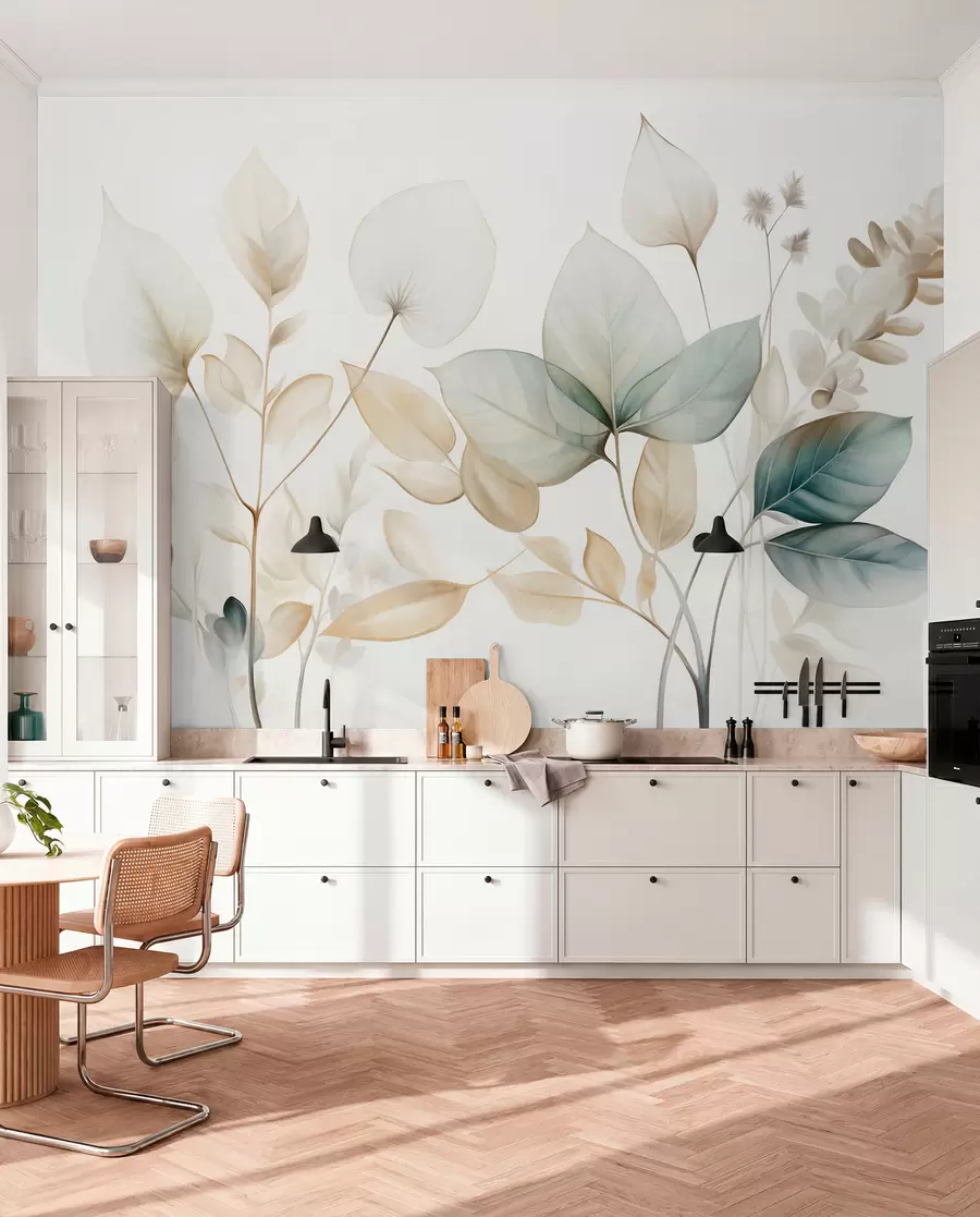 wall murals Textured translucent leaves in muted tones of beige and teal, with delicate stems against a soft, light background w09583