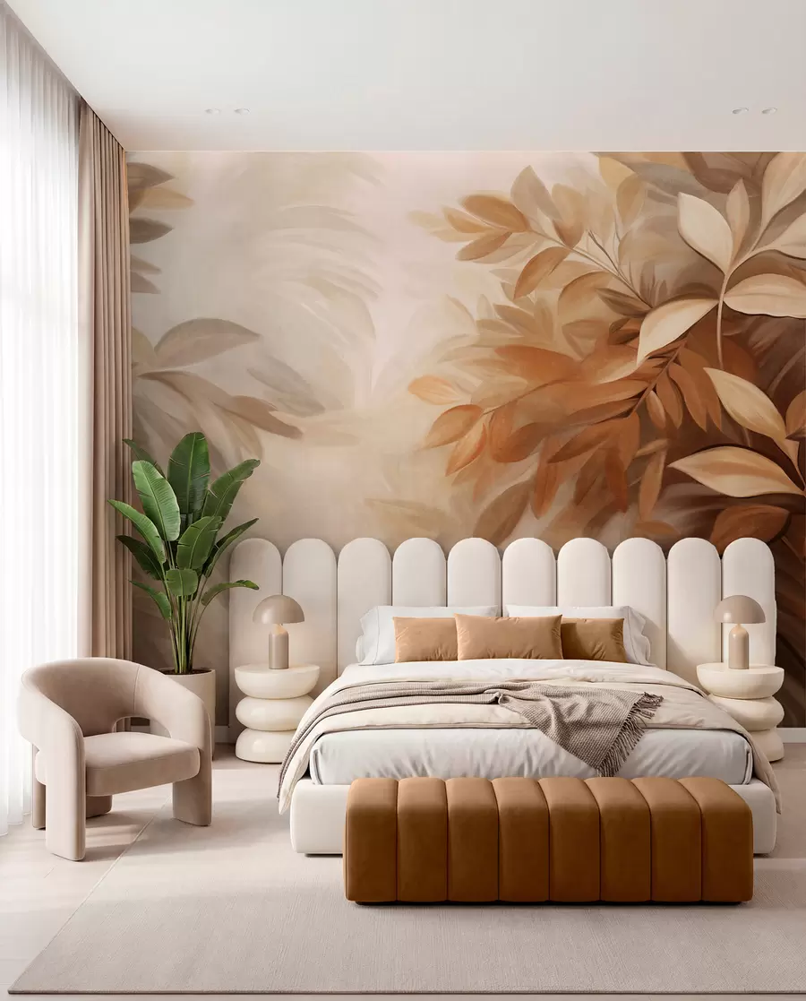 wall murals Brown and beige leaves with soft, blurred textured foliage, in a painterly style with visible brushstrokes w09584