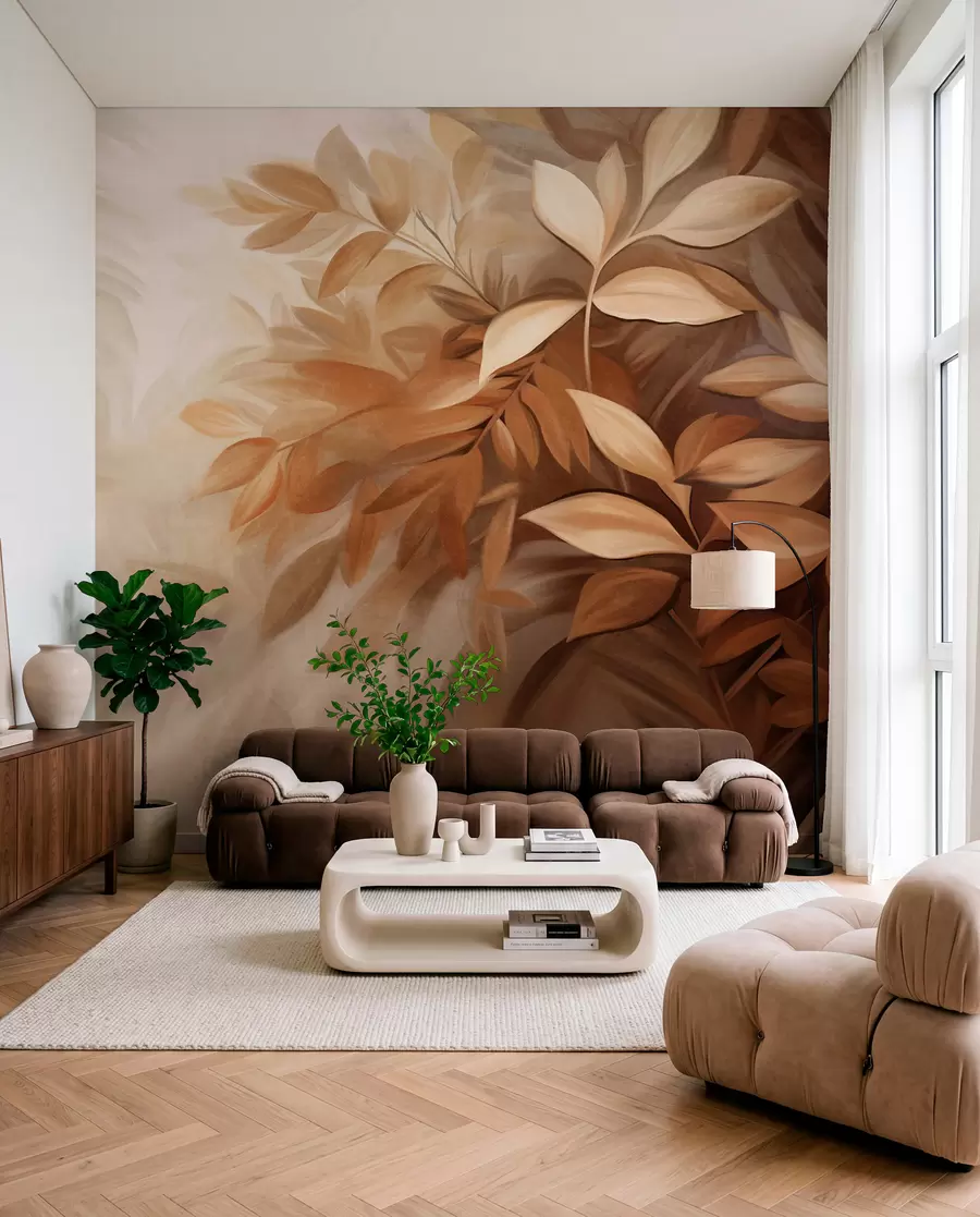 wall murals Brown and beige leaves with soft, blurred textured foliage, in a painterly style with visible brushstrokes w09584