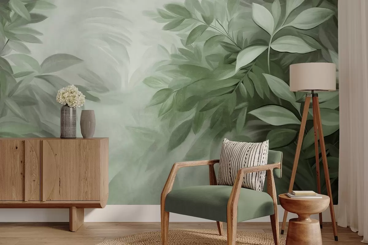wall murals Green and gray leaves with soft, blurred textured foliage, in a painterly style with visible brushstrokes w09584v1