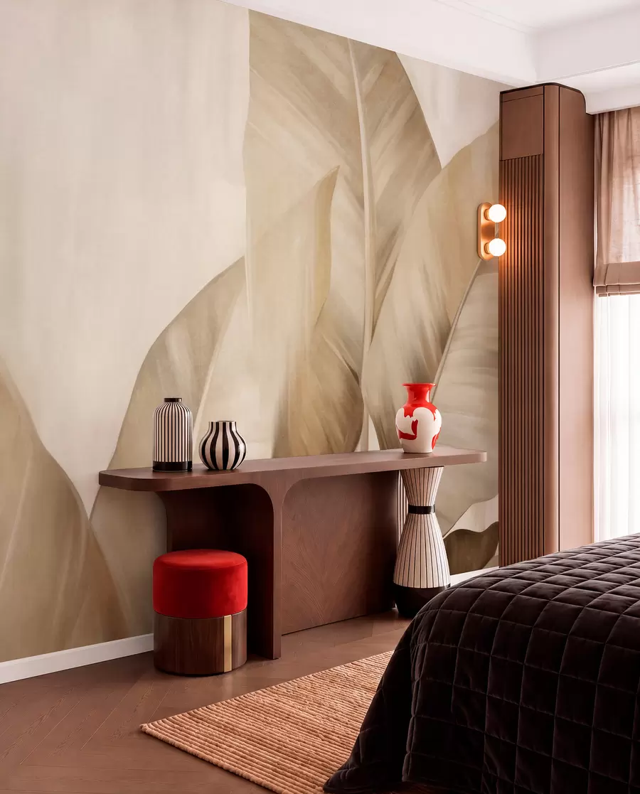wall murals Textured large, light brown banana leaves against a light beige background, with soft and minimalist aesthetic w09586
