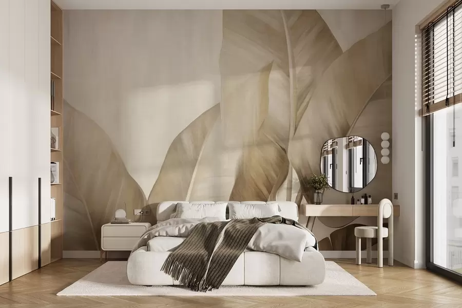 wall murals Textured large, light brown banana leaves against a light beige background, with soft and minimalist aesthetic w09586
