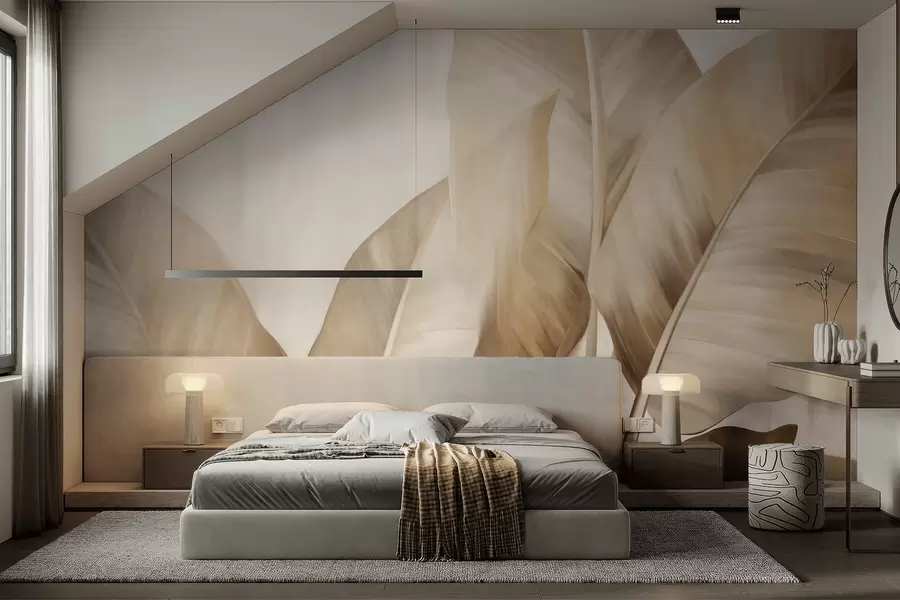 wall murals Textured large, light brown banana leaves against a light beige background, with soft and minimalist aesthetic w09586