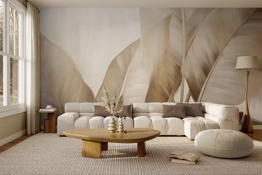 wall murals Textured large, light brown banana leaves against a light beige background, with soft and minimalist aesthetic w09586