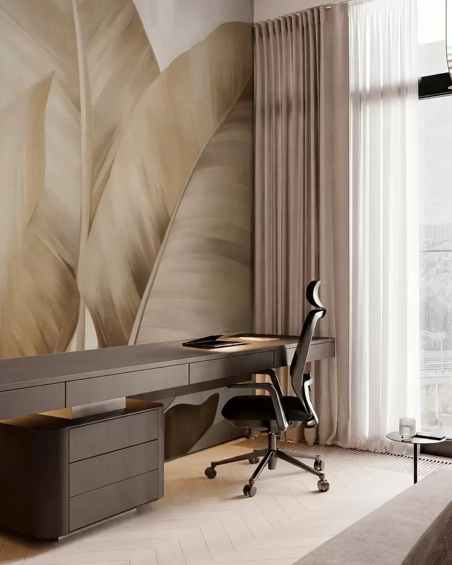 wall murals Textured large, light brown banana leaves against a light beige background, with soft and minimalist aesthetic w09586
