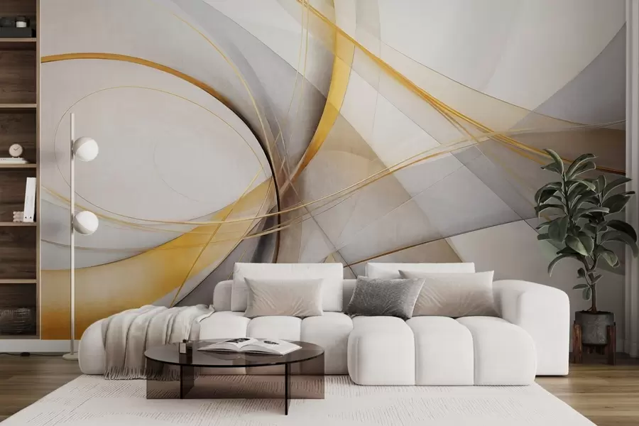 wall murals Abstract flowing lines in yellow and white on a gray background, with a sense of movement and depth, modern art w09587