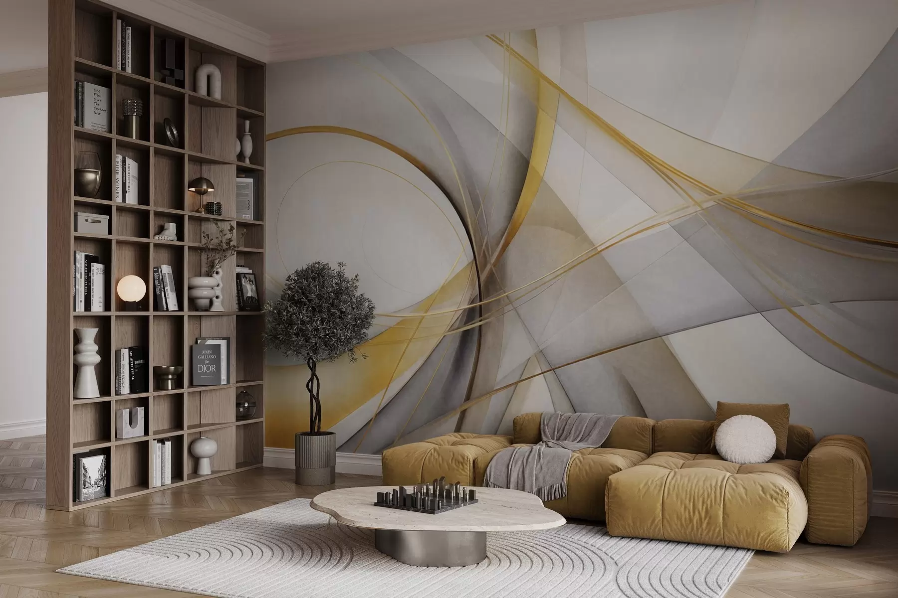 wall murals Abstract flowing lines in yellow and white on a gray background, with a sense of movement and depth, modern art w09587