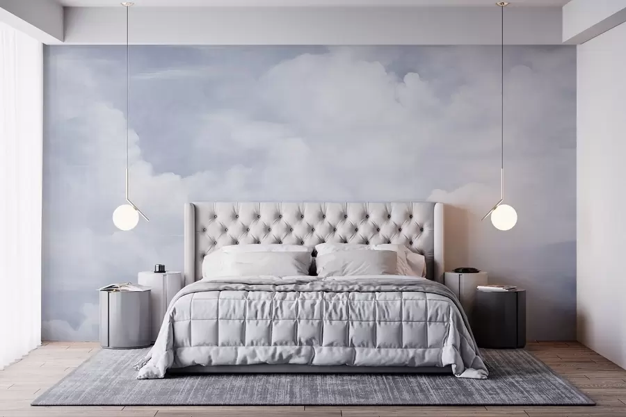 wall murals Pastel textured sky filled with white clouds with soft and minimalist aesthetic w09589