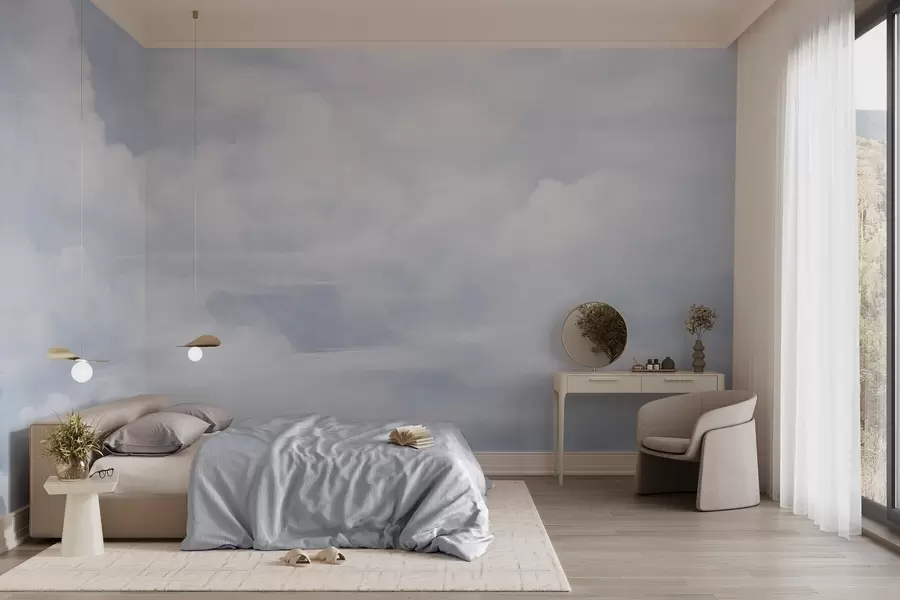 wall murals Pastel textured sky filled with white clouds with soft and minimalist aesthetic w09589
