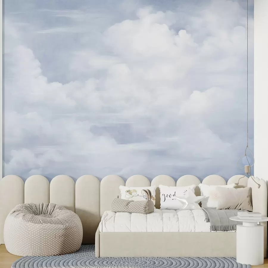 wall murals Pastel textured sky filled with white clouds with soft and minimalist aesthetic w09589