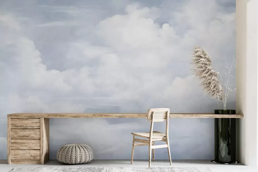 wall murals Pastel textured sky filled with white clouds with soft and minimalist aesthetic w09589