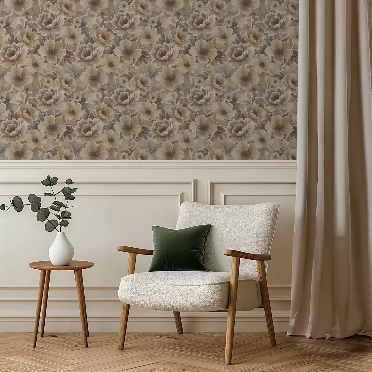 Wallpaper Painterly beige flowers on a smoky abstract background a00884