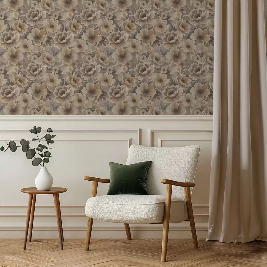 wall murals Painterly beige flowers on a smoky abstract background a00884