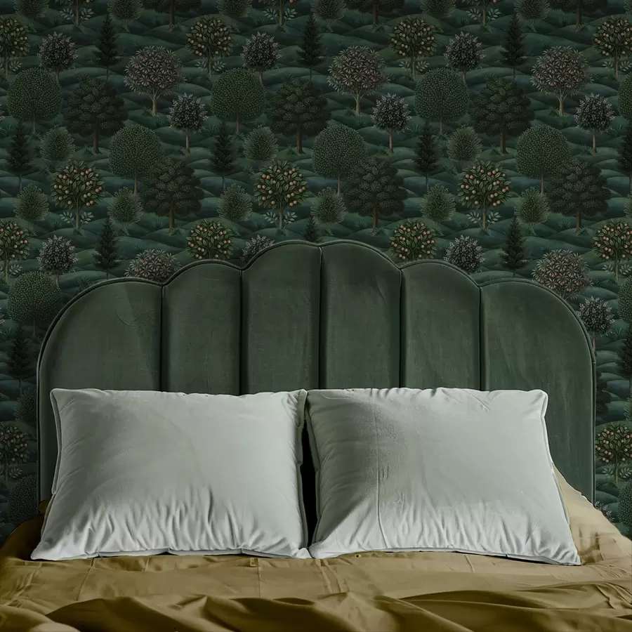 wall murals Rich green rolling landscape with patterned trees a00892
