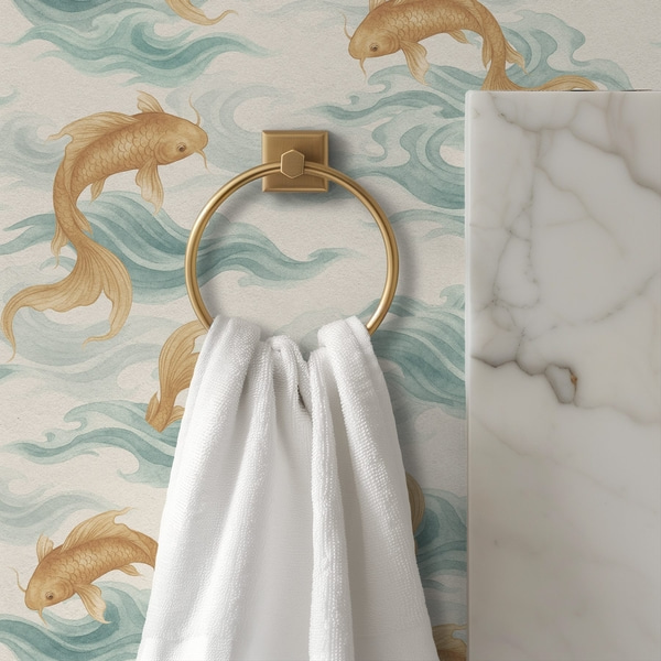 Amber koi fish swimming among soft turquoise waves