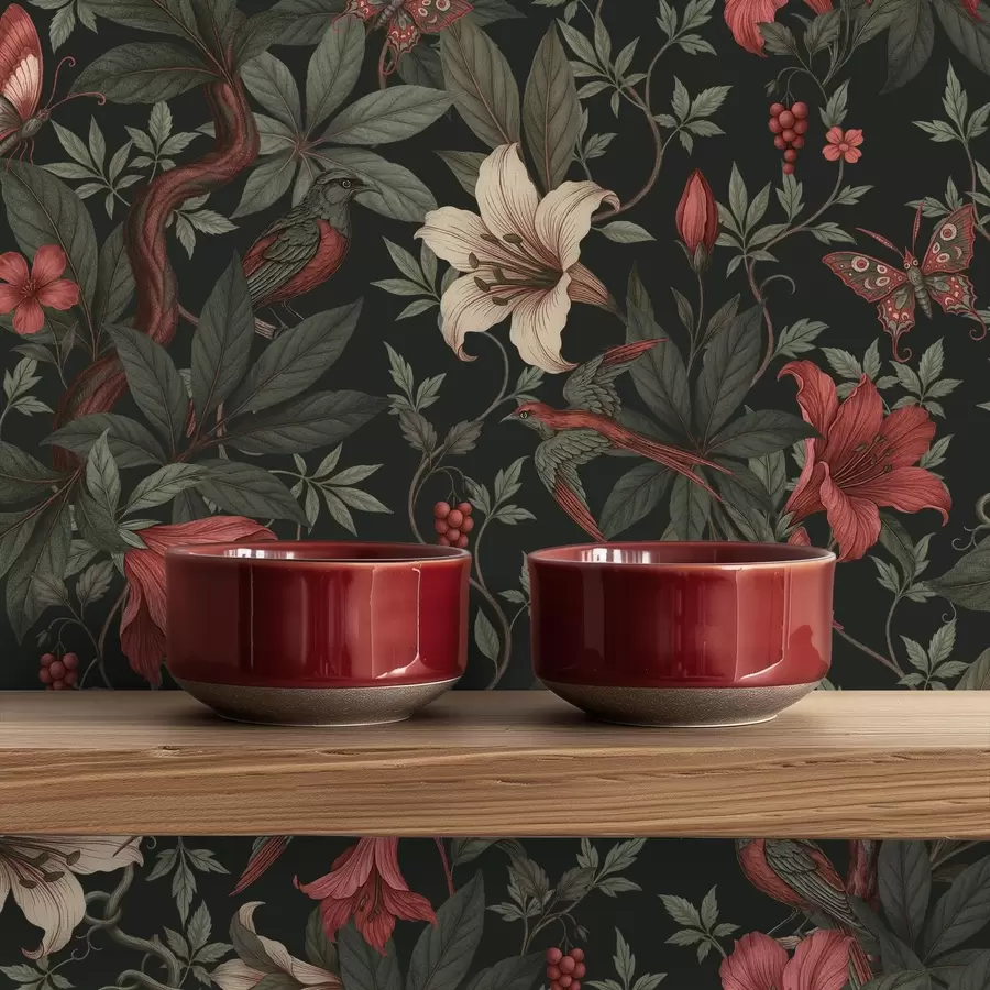 wall murals Dark jungle florals with birds and butterflies a00895