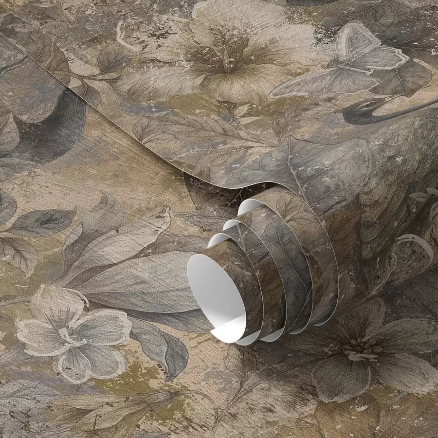 wall murals Aged floral collage with peacocks and butterflies a00897