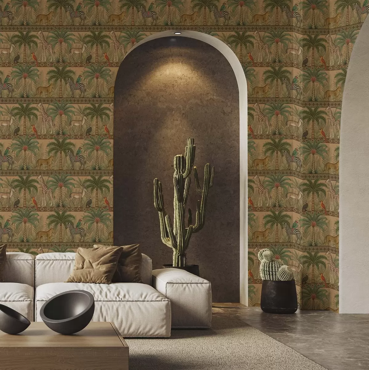 Wallpaper Decorative savanna animals between palms and borders a00898