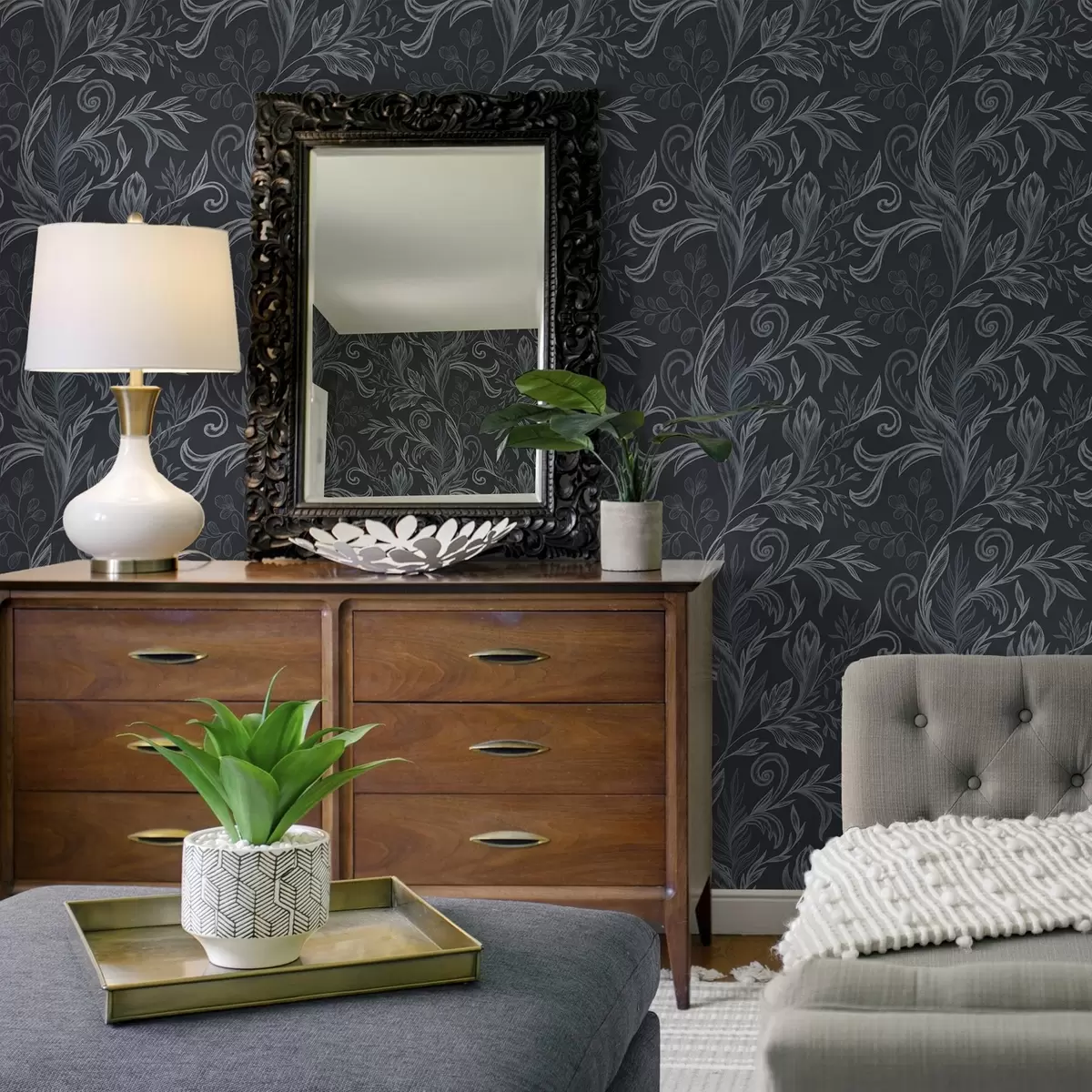Wallpaper Dark indigo curled leaves with hand-drawn shading a00935