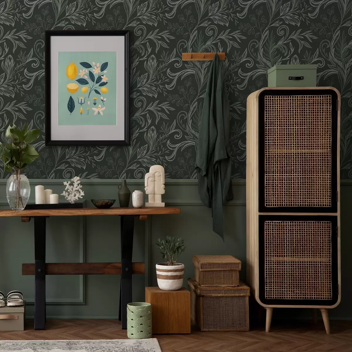 Wallpaper Deep forest curled leaves in chalky green tones a00935v2