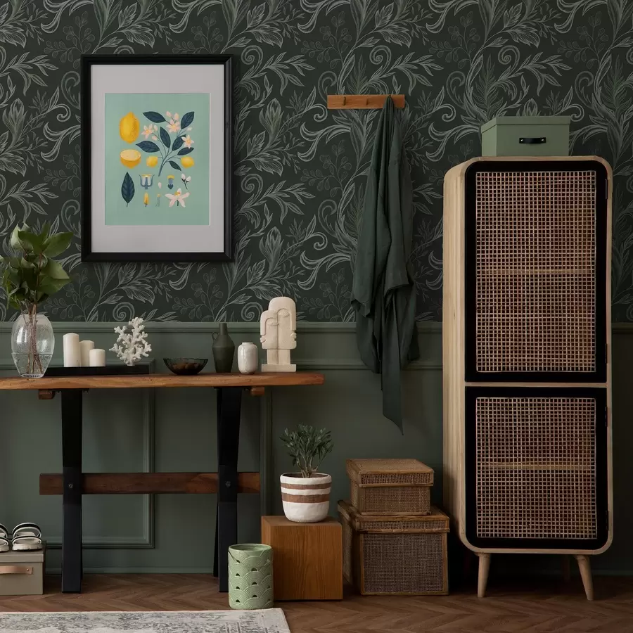 wall murals Deep forest curled leaves in chalky green tones a00935v2