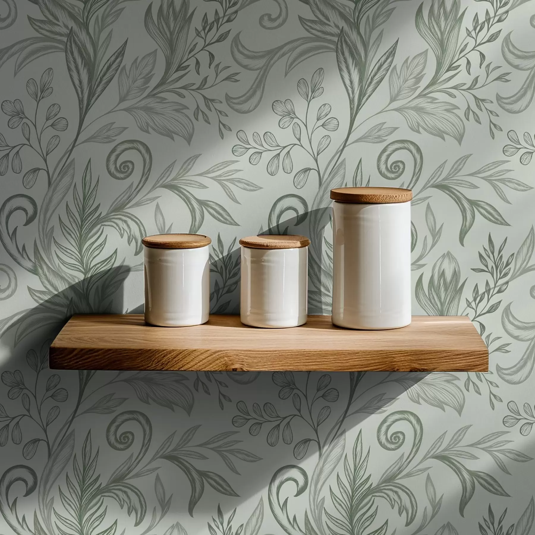 wall murals Soft mint curled leaves in delicate grey-green lines a00935v3