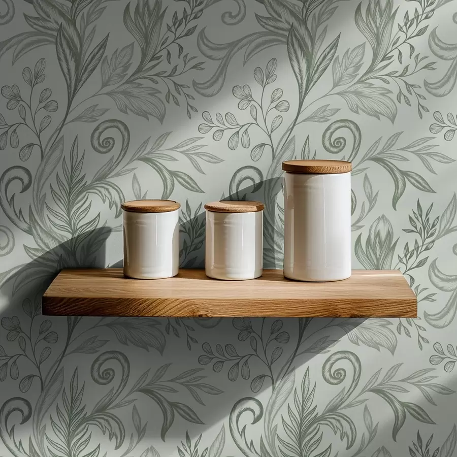 wall murals Soft mint curled leaves in delicate grey-green lines a00935v3