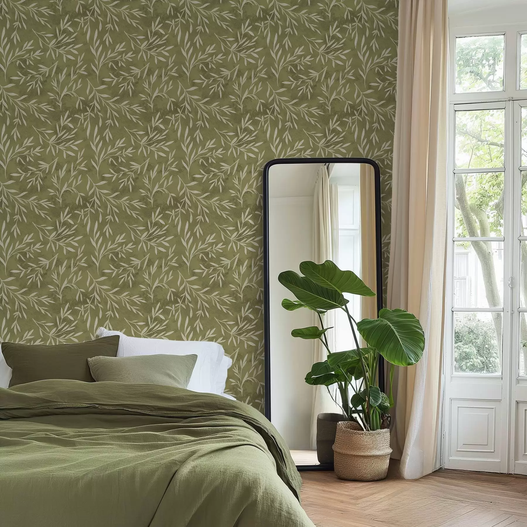 wall murals Cream-white sprigs on a warm olive textured background a00936v1