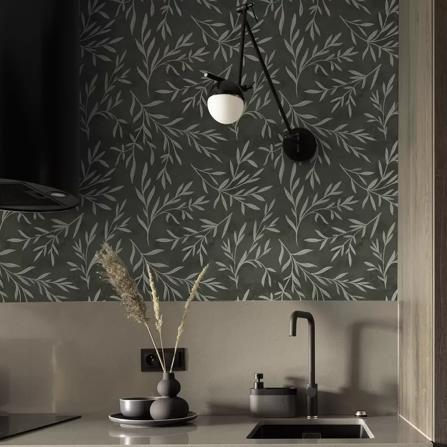 wall murals Sketched white branches on a deep sage green background a00936v2