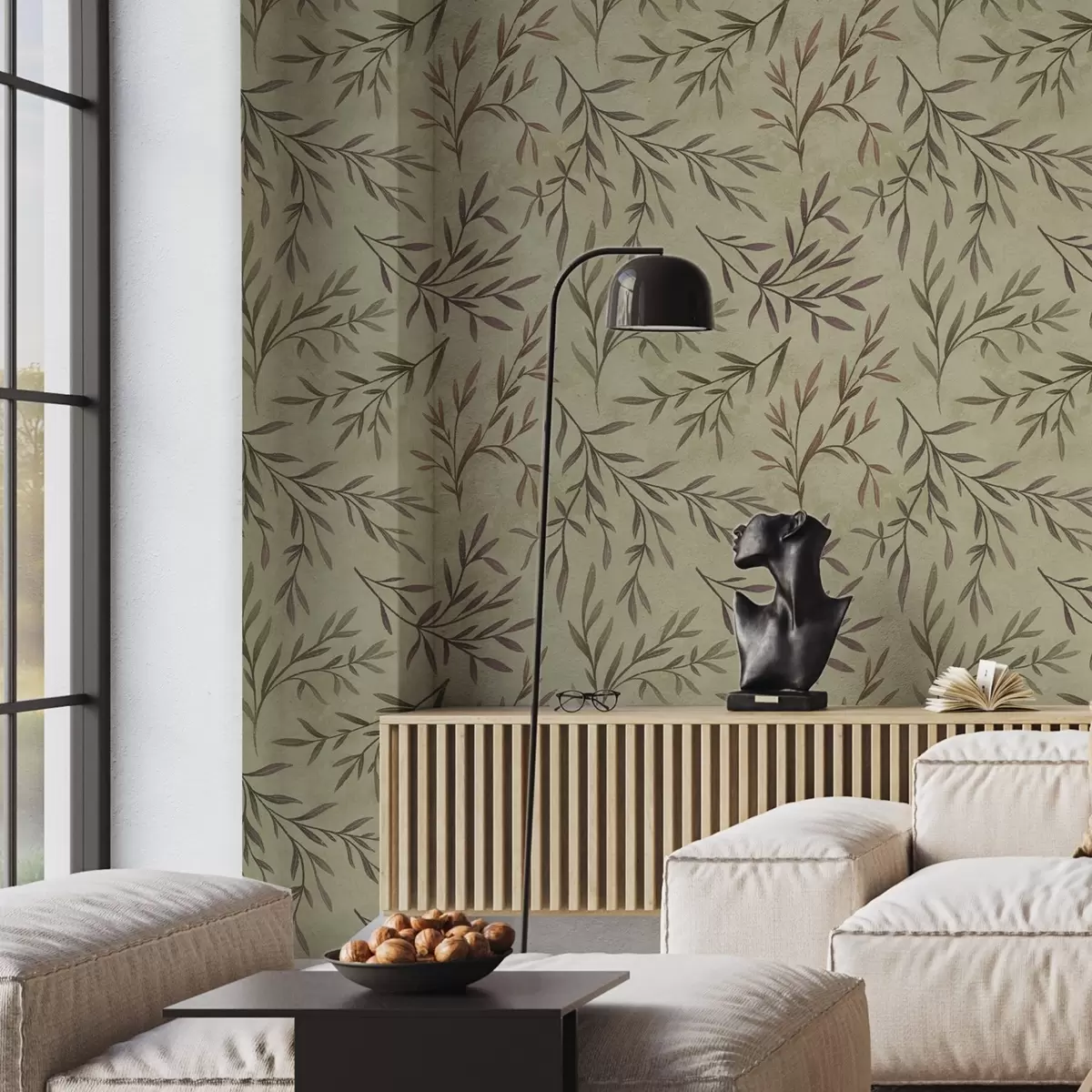 Wallpaper Lilac and green branches with leaves on a warm background a00936v4