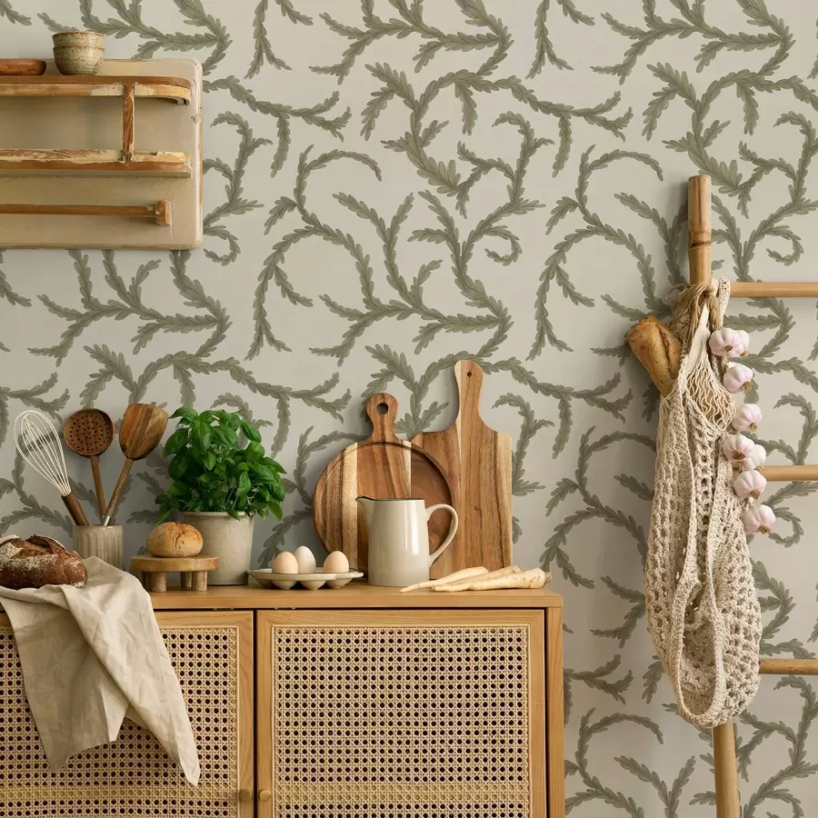 wall murals Soft green conifer curls on a light background a00938