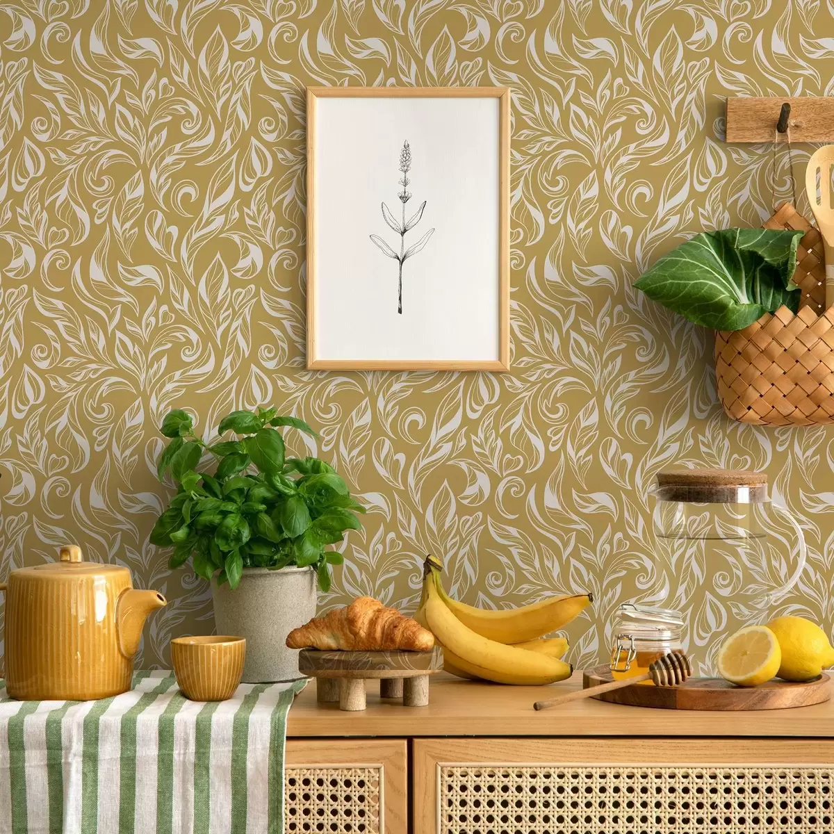 Wallpaper Cream-white leafy ornament on a warm ochre background a00940v1