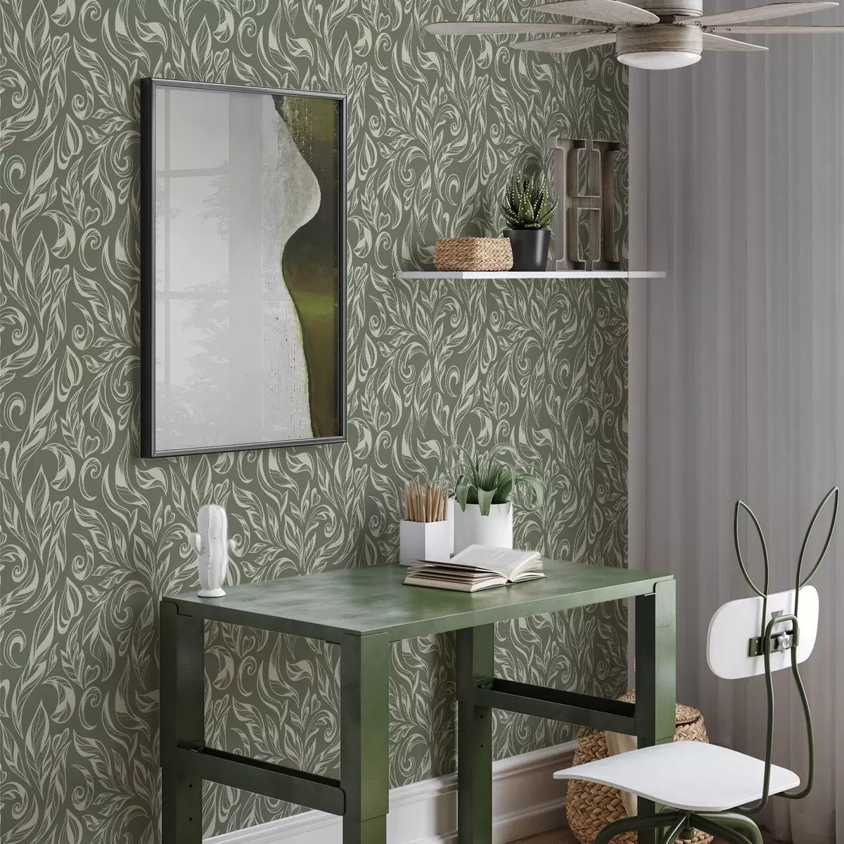 Wallpaper Cream leafy ornament on a greenish-grey background a00940v2