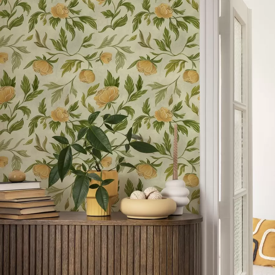 wall murals Yellow peonies and foliage on a soft light green background a00942