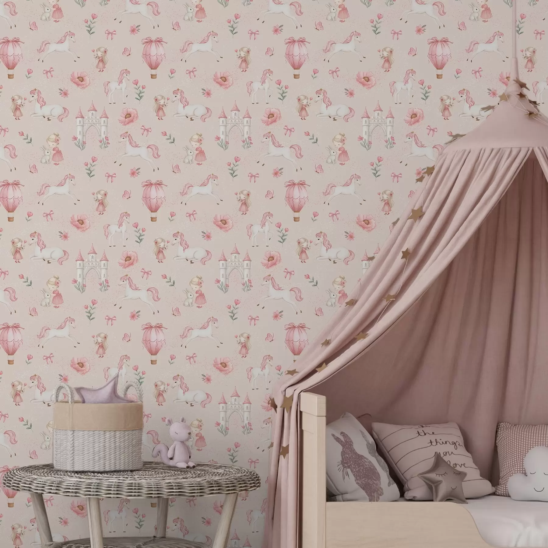 wall murals Pink unicorns, little girls and a castle on a soft background a00957