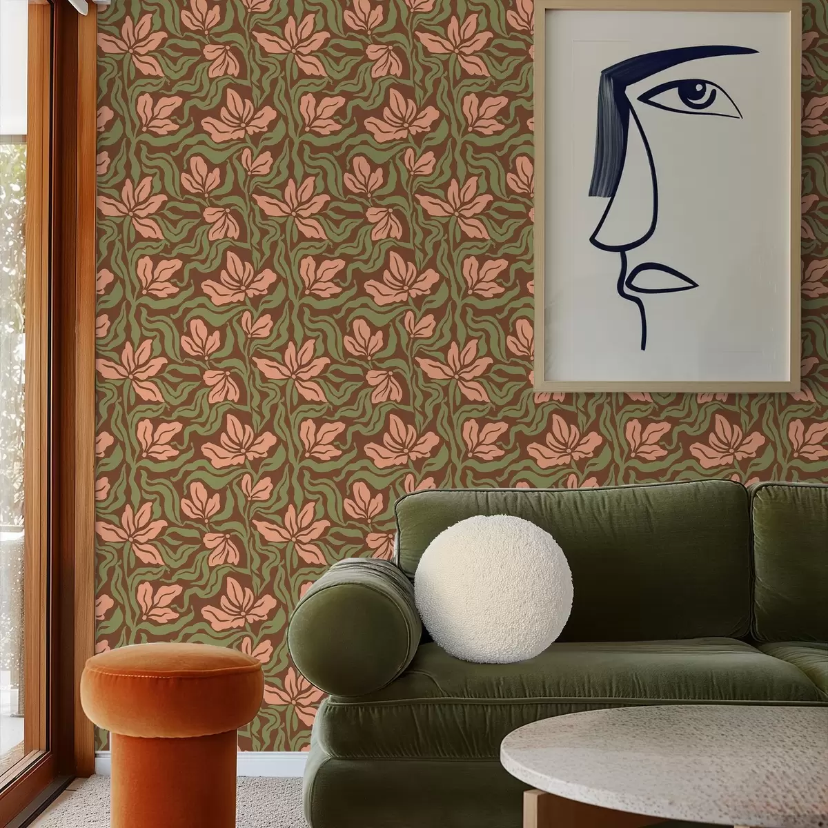 Wallpaper Peach flowers and greenery on a deep brown background a00958v2