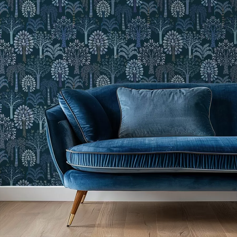 wall murals Night forest with decorative trees in blue hues a00960v2