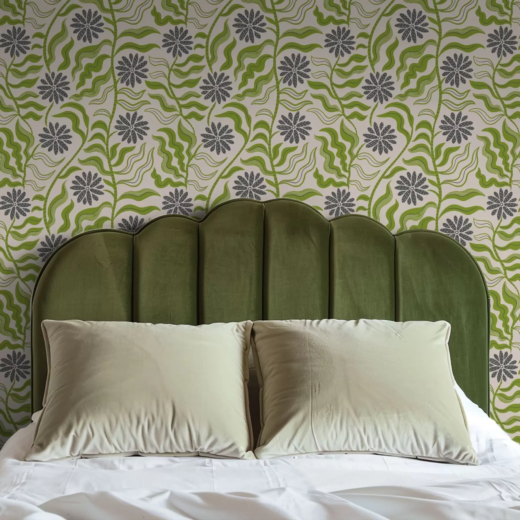 wall murals Playful green daisies with wavy leaves on a cream background a00998