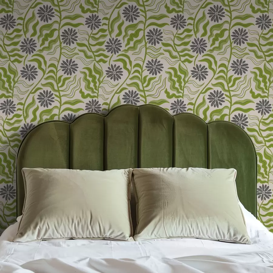 wall murals Playful green daisies with wavy leaves on a cream background a00998