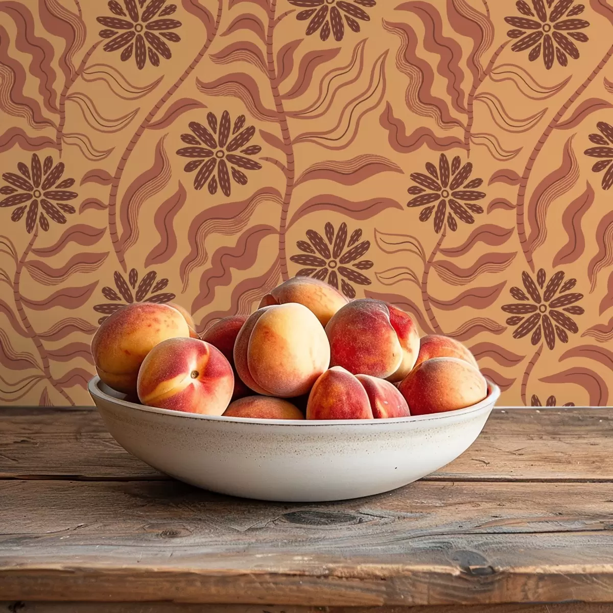 Wallpaper Warm wavy flowers and leaves in mustard-terracotta hues a00998v2