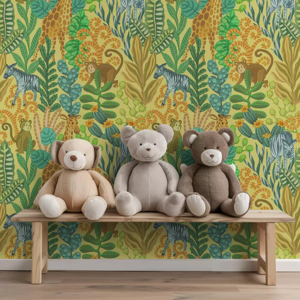 Wallpaper Giraffe, zebra and monkey in a bright yellow savanna a01000v1