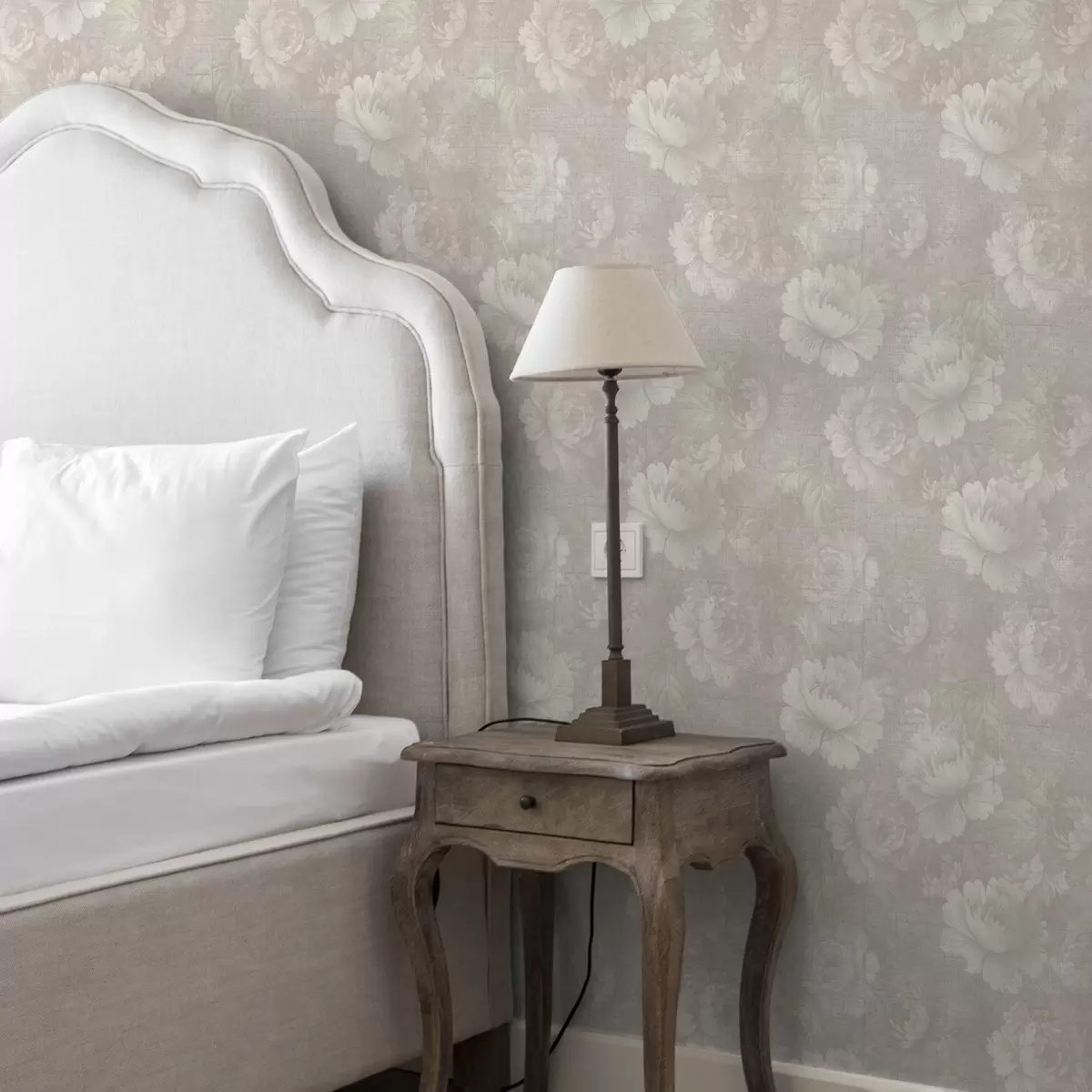 Wallpaper Faded peonies on linen texture in a soft beige palette a01018