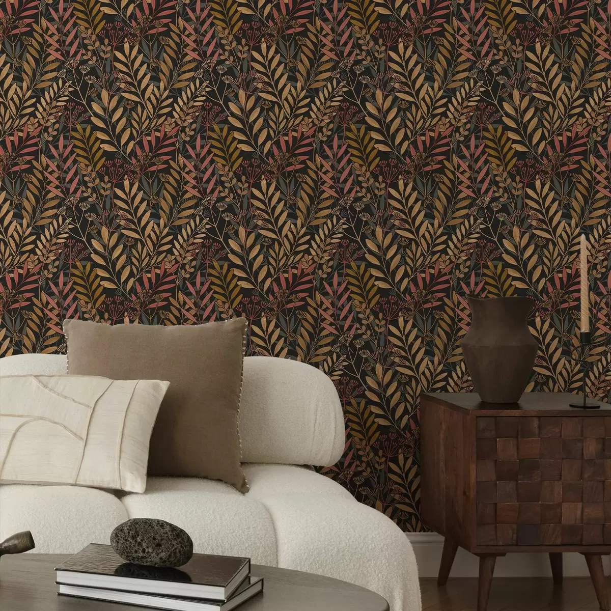 Wallpaper Dark meadow with stylised leaves and seed pods a01020