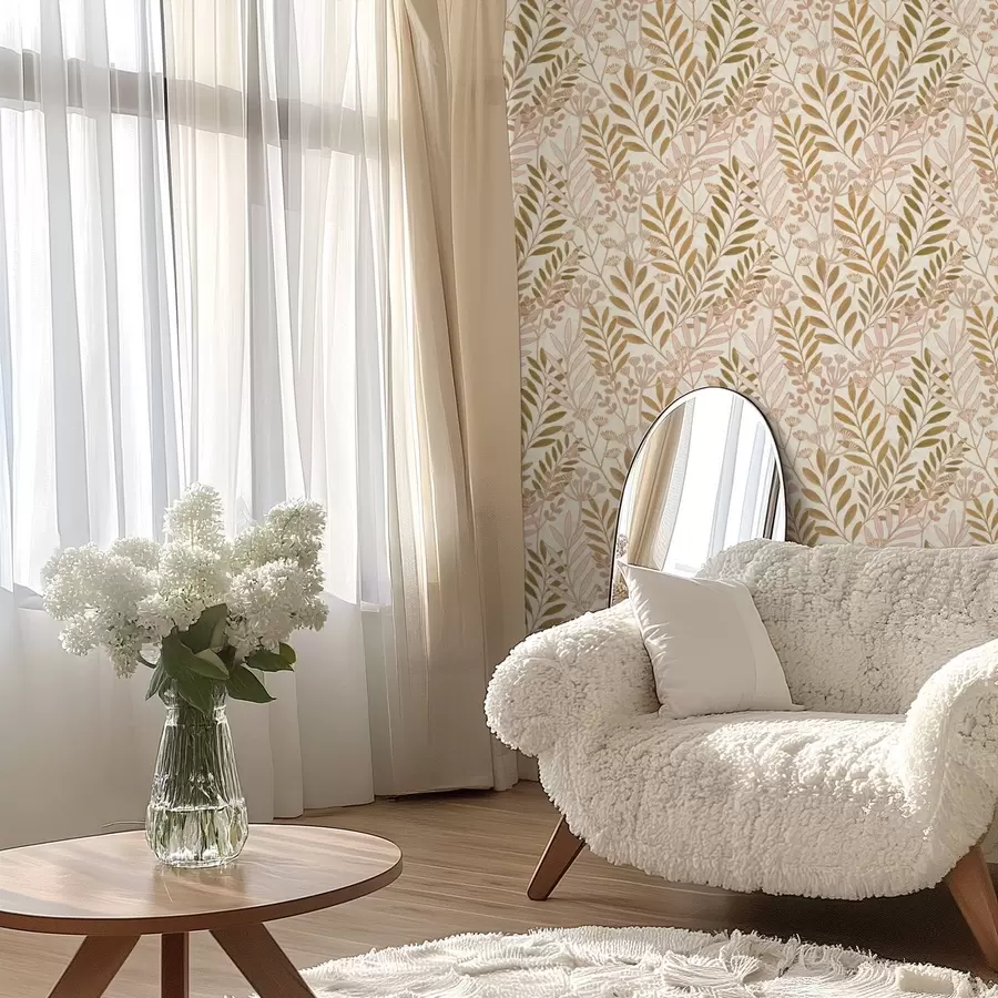 wall murals Light botanical pattern with delicate pink and oat-toned leaves a01020v1