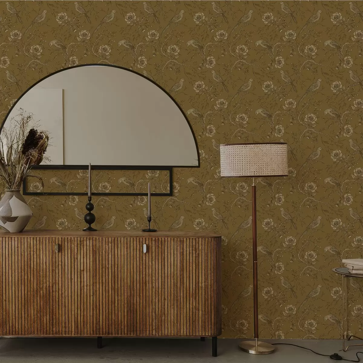Wallpaper Vintage birds and flowers on a warm olive background a01022v1