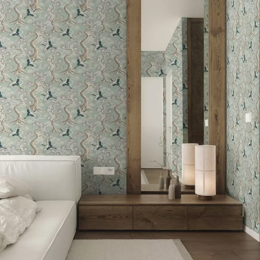 wall murals Cranes among curved branches on a soft sage-coloured background a01023