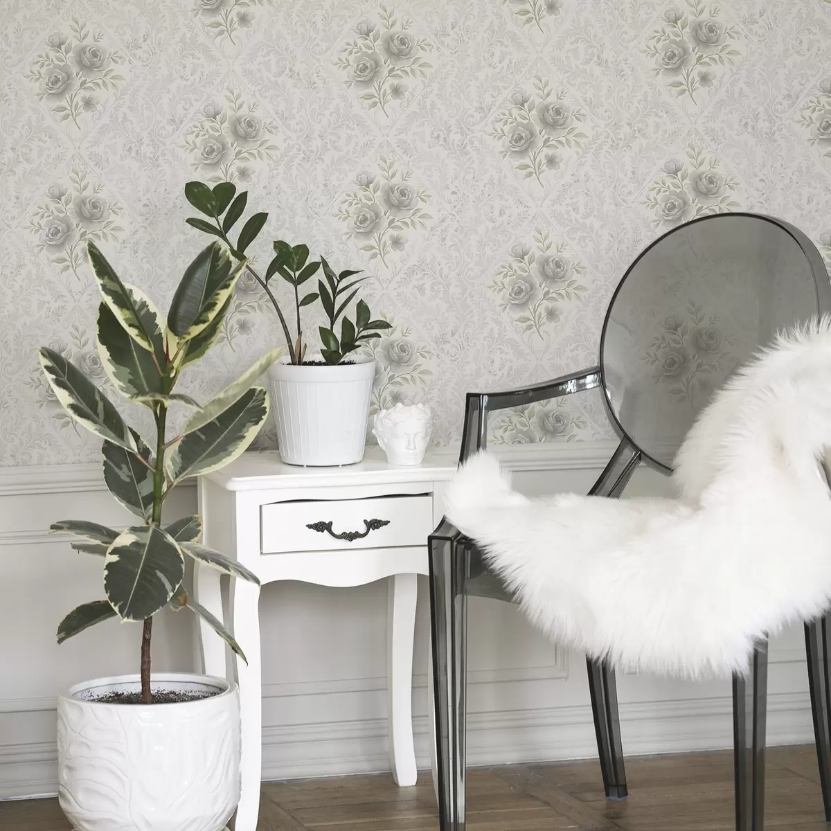 Wallpaper Light damask pattern with grey roses in soft diamonds a01024