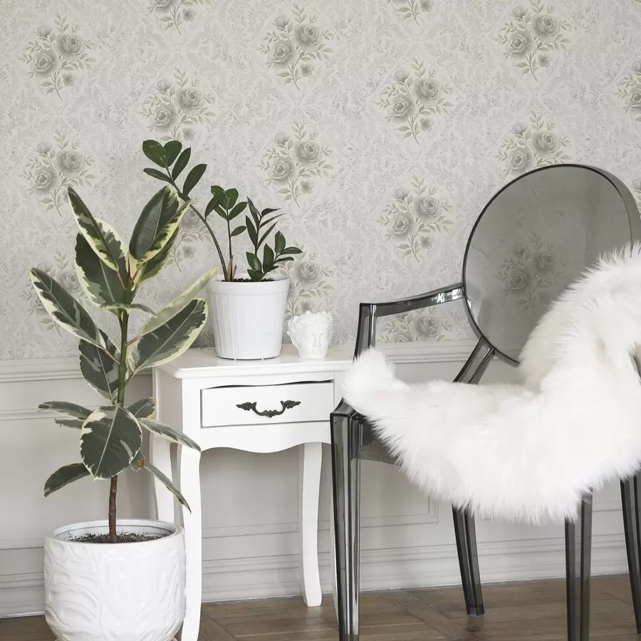 wall murals Light damask pattern with grey roses in soft diamonds a01024