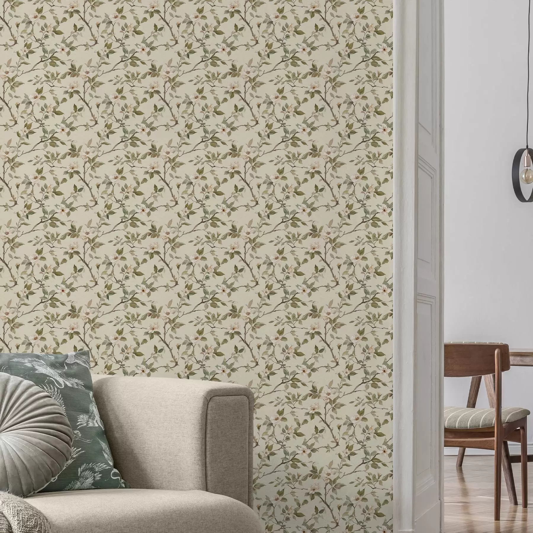 wall murals Light branches with tiny cream flowers and green leaves a01028