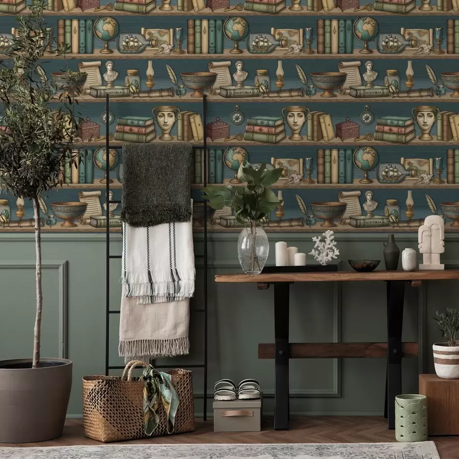 wall murals Vintage shelves with books, a globe and sea curiosities a01036